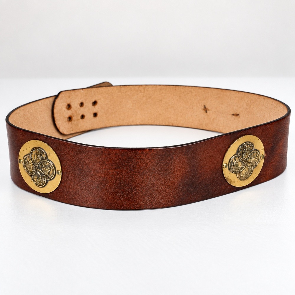 Vintage 70s Garay Leather Coin Belt Women XS 26In Brown Medallion Cowhide Boho